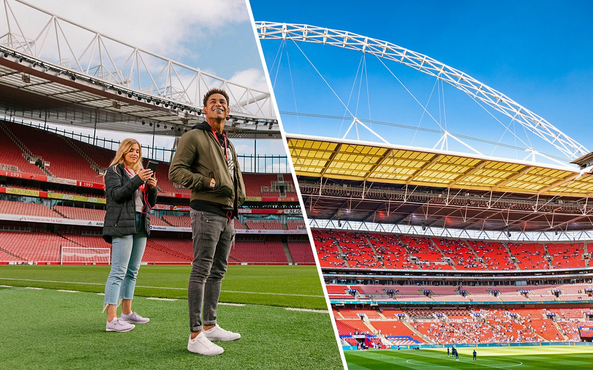 Arsenal FC Emirates Stadium tour with visitors and view of Wembley Stadium interior.