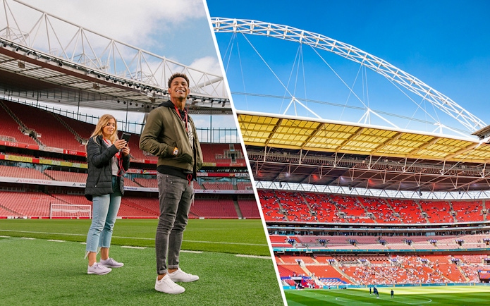 Arsenal FC Emirates Stadium tour with visitors and view of Wembley Stadium interior.