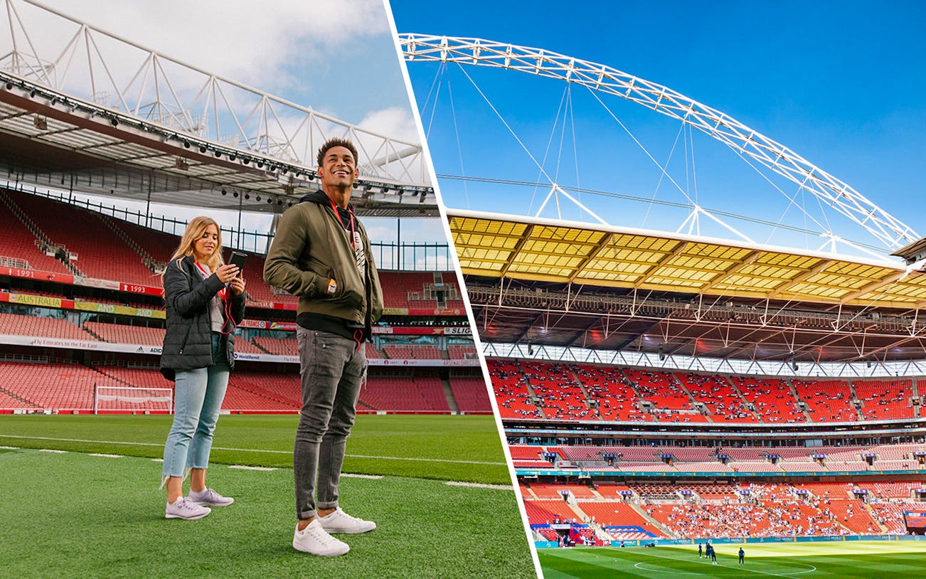 Arsenal FC Emirates Stadium tour with visitors and view of Wembley Stadium interior.