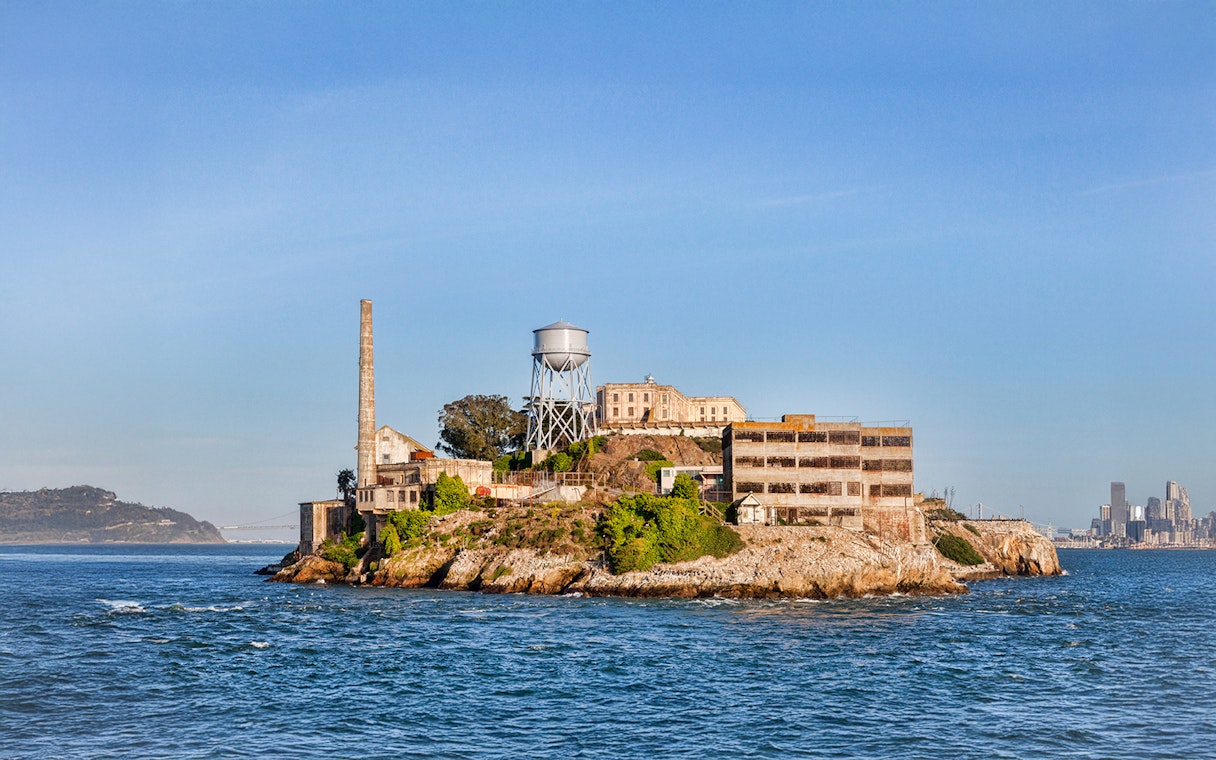 Alcatraz Island with historic prison buildings in San Francisco Bay, California.