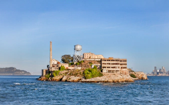 Alcatraz Island with historic prison buildings in San Francisco Bay, California.