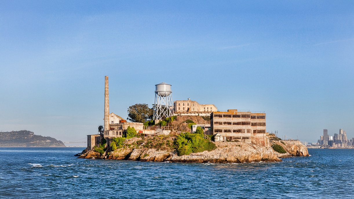 Alcatraz Island with historic prison buildings in San Francisco Bay, California.