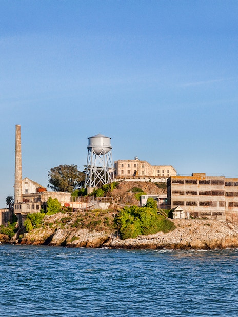 Alcatraz Island with historic prison buildings in San Francisco Bay, California.