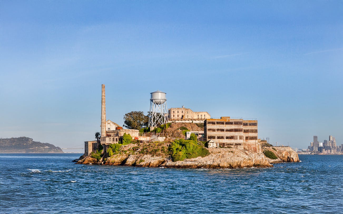Alcatraz Island with historic prison buildings in San Francisco Bay, California.