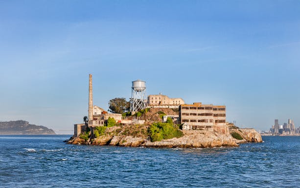 Alcatraz Island with historic prison buildings in San Francisco Bay, California.