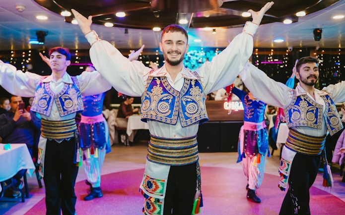 Traditional Turkish dancers performing on a Bosphorus dinner cruise.