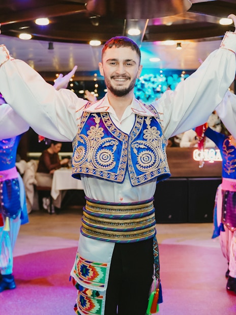 Traditional Turkish dancers performing on a Bosphorus dinner cruise.