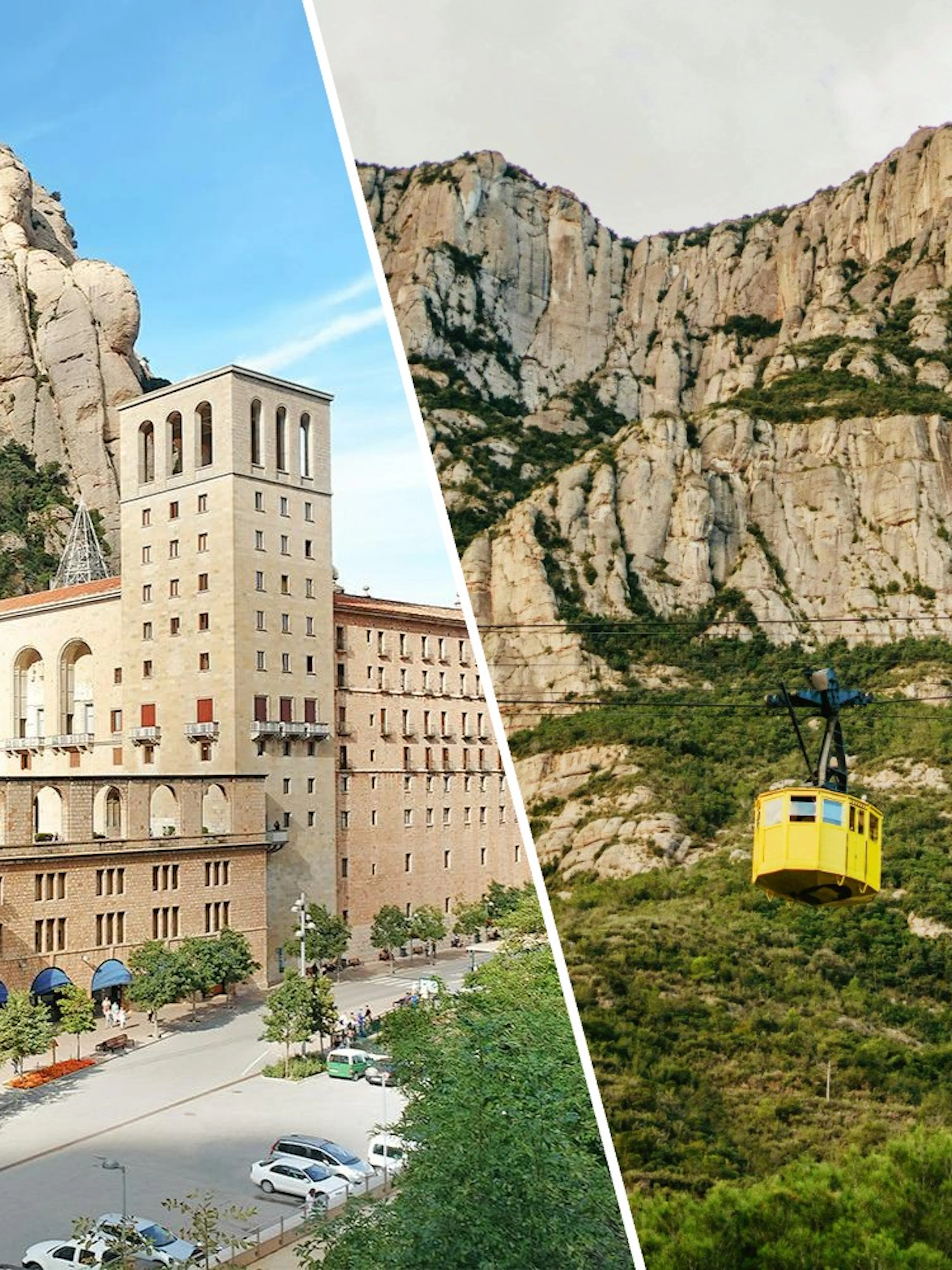Montserrat Monastery with Aeri de Montserrat cable car against rocky mountain backdrop.