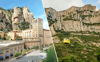 Montserrat Monastery with Aeri de Montserrat cable car against rocky mountain backdrop.