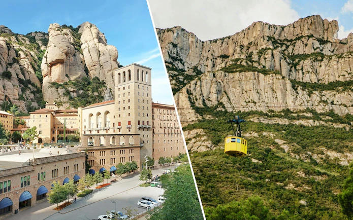 Montserrat Monastery with Aeri de Montserrat cable car against rocky mountain backdrop.