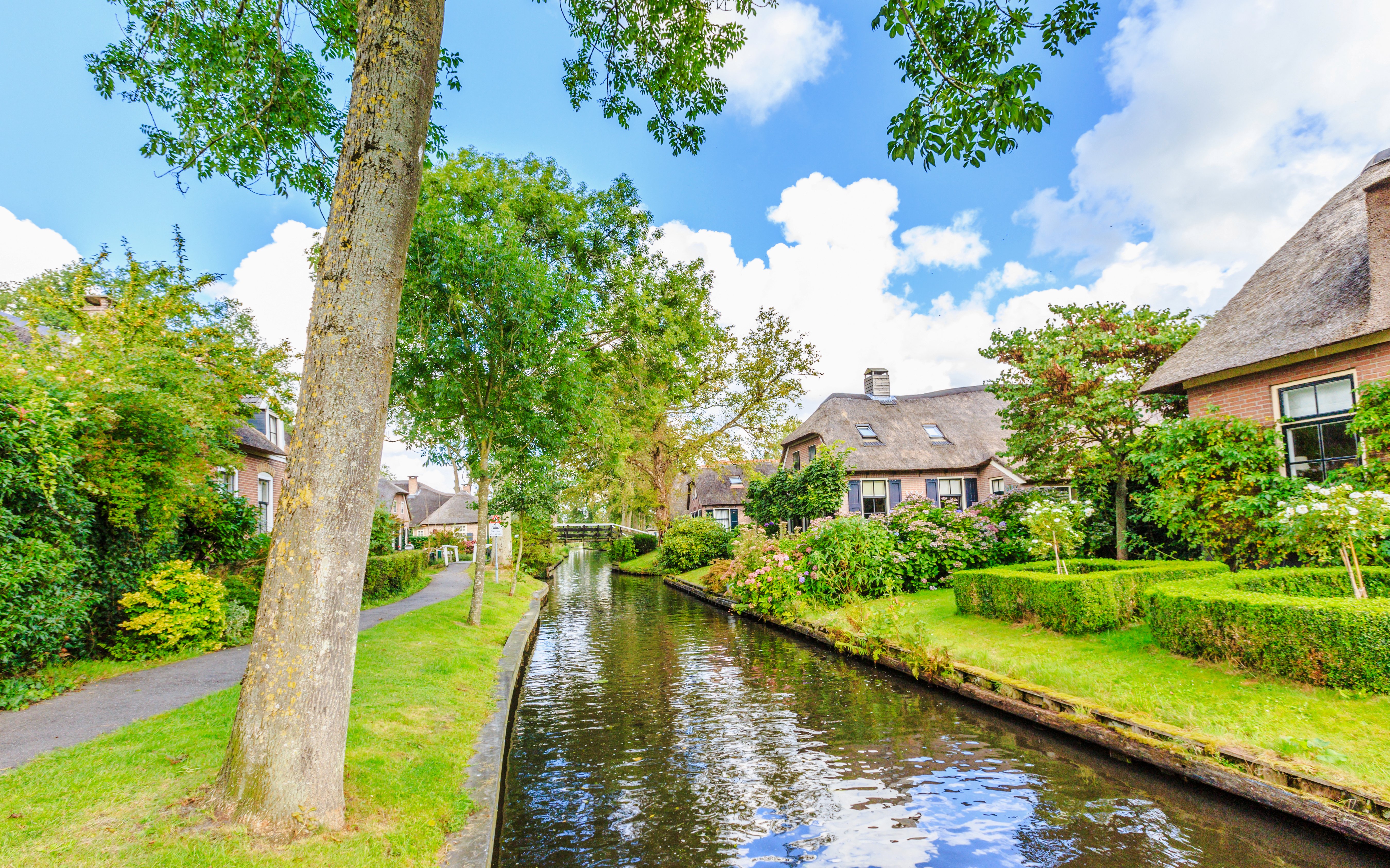 Canal view in Giethoorn, Amsterdam with traditional houses and lush greenery.
