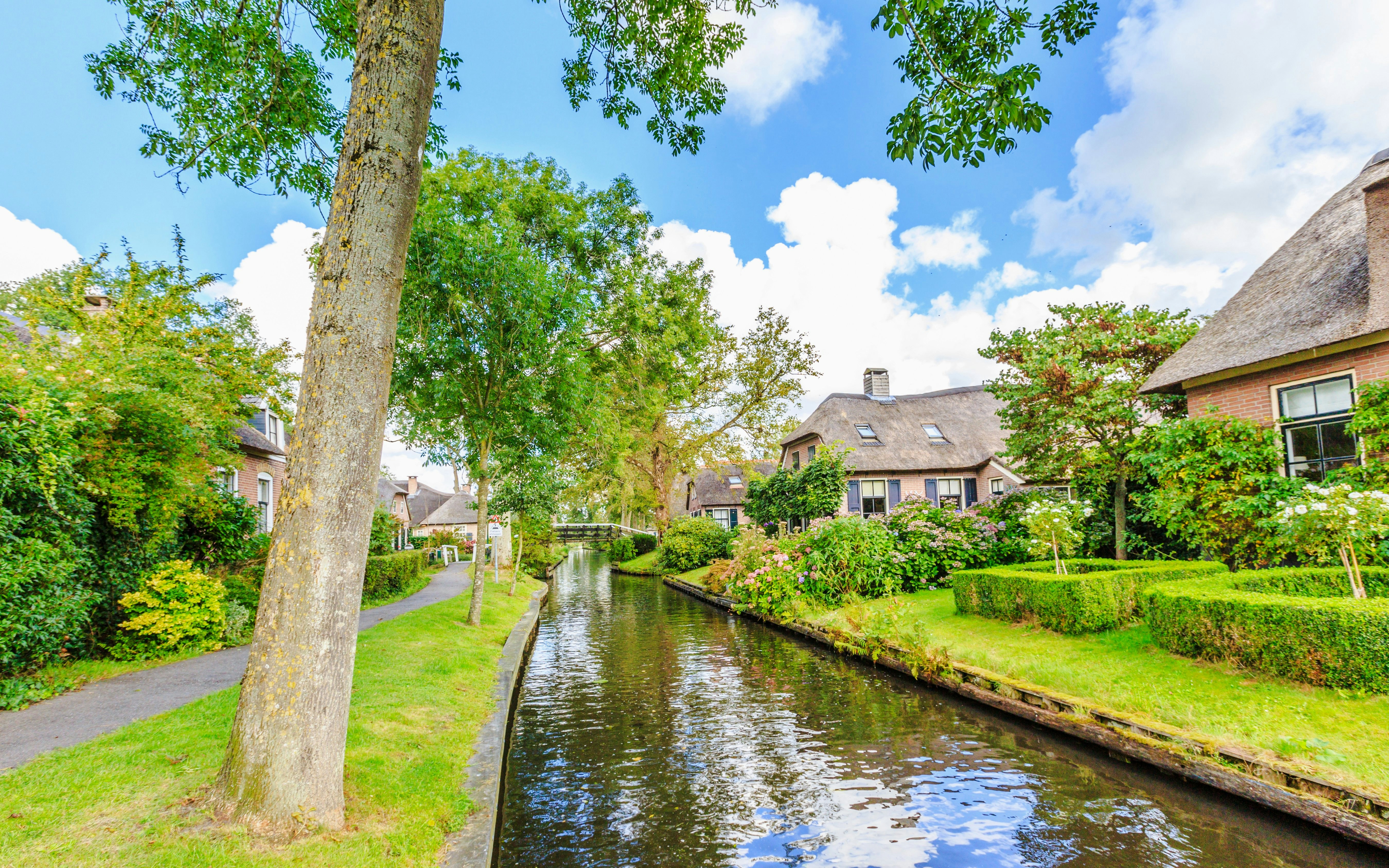 Canal view in Giethoorn, Amsterdam with traditional houses and lush greenery.