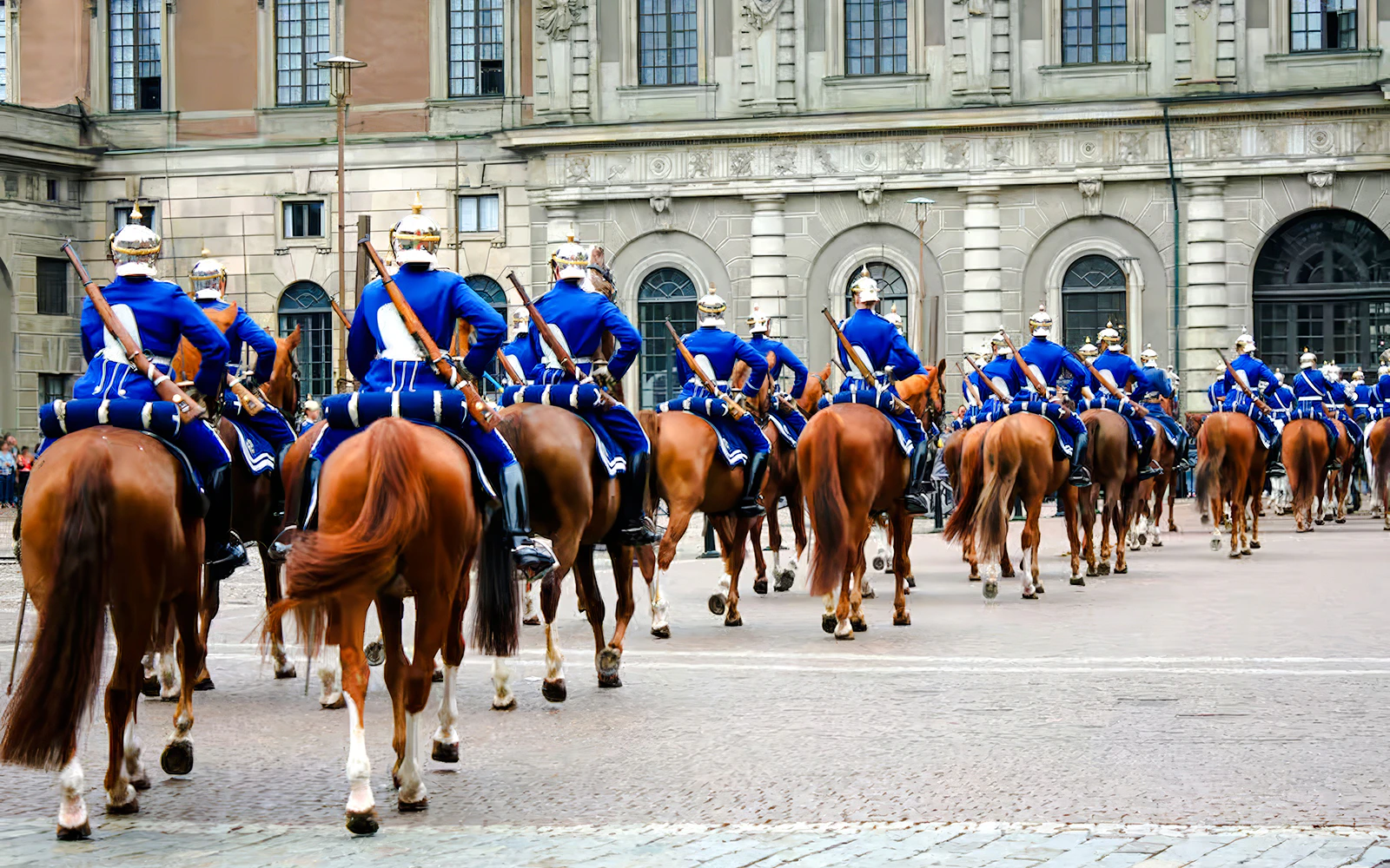 Royal guards on horseback during Changing of the Guard ceremony at Royal Palace, Stockholm.