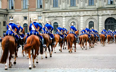 Royal guards on horseback during Changing of the Guard ceremony at Royal Palace, Stockholm.