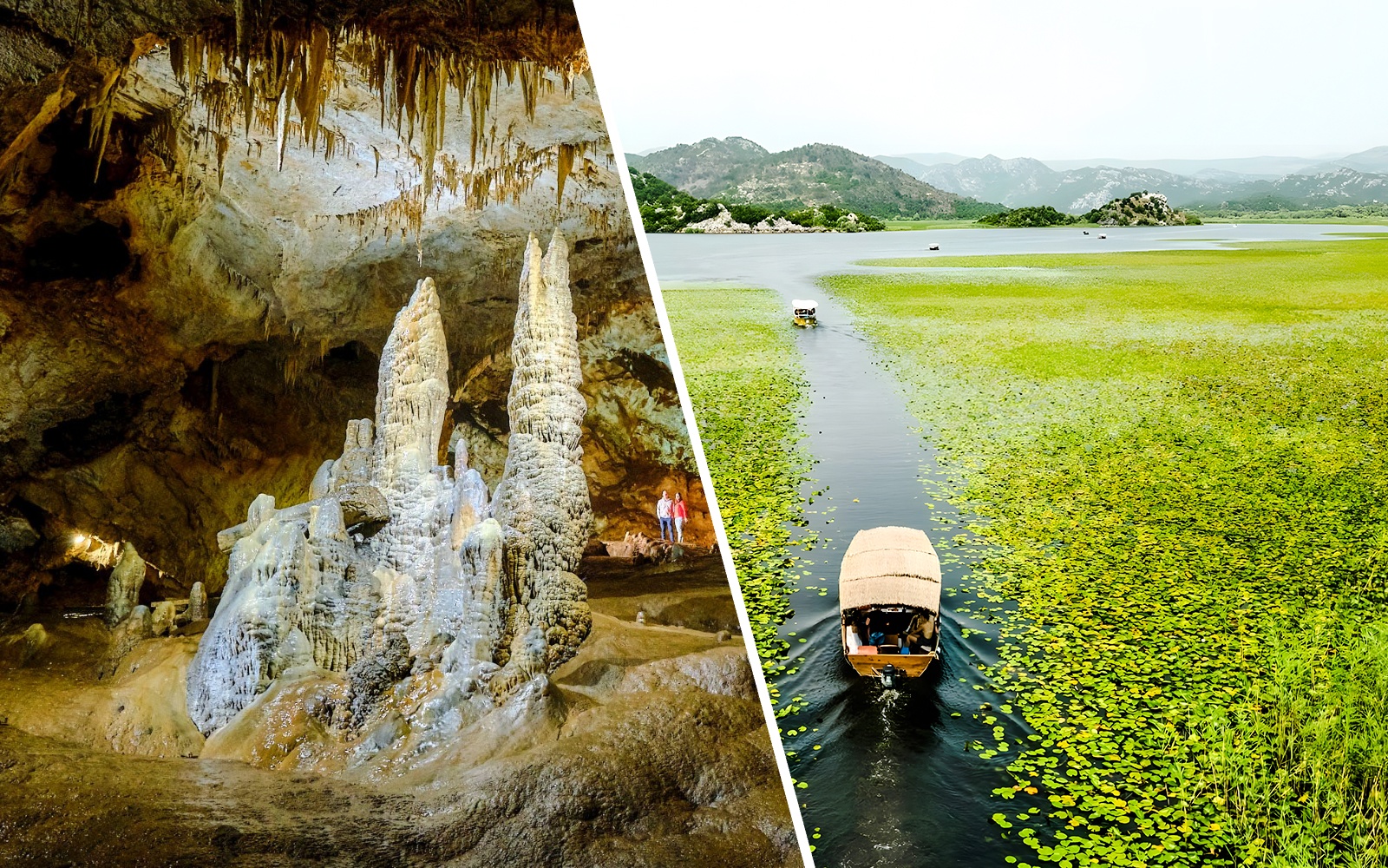 Tourists exploring stalactites and stalagmites inside Lipa Cave, Cetinje.