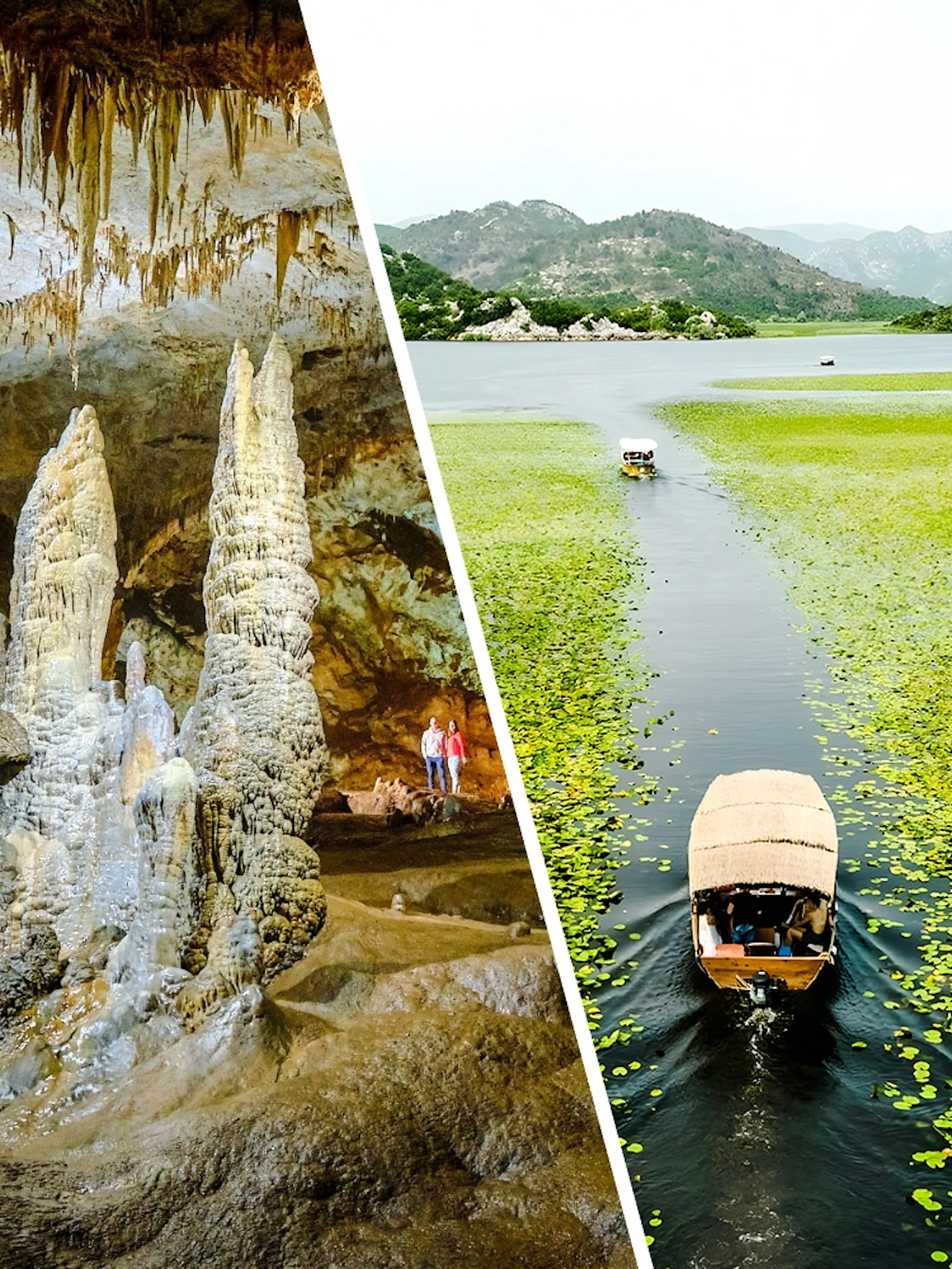 Tourists exploring stalactites and stalagmites inside Lipa Cave, Cetinje.