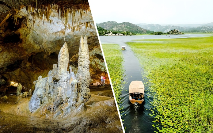 Tourists exploring stalactites and stalagmites inside Lipa Cave, Cetinje.