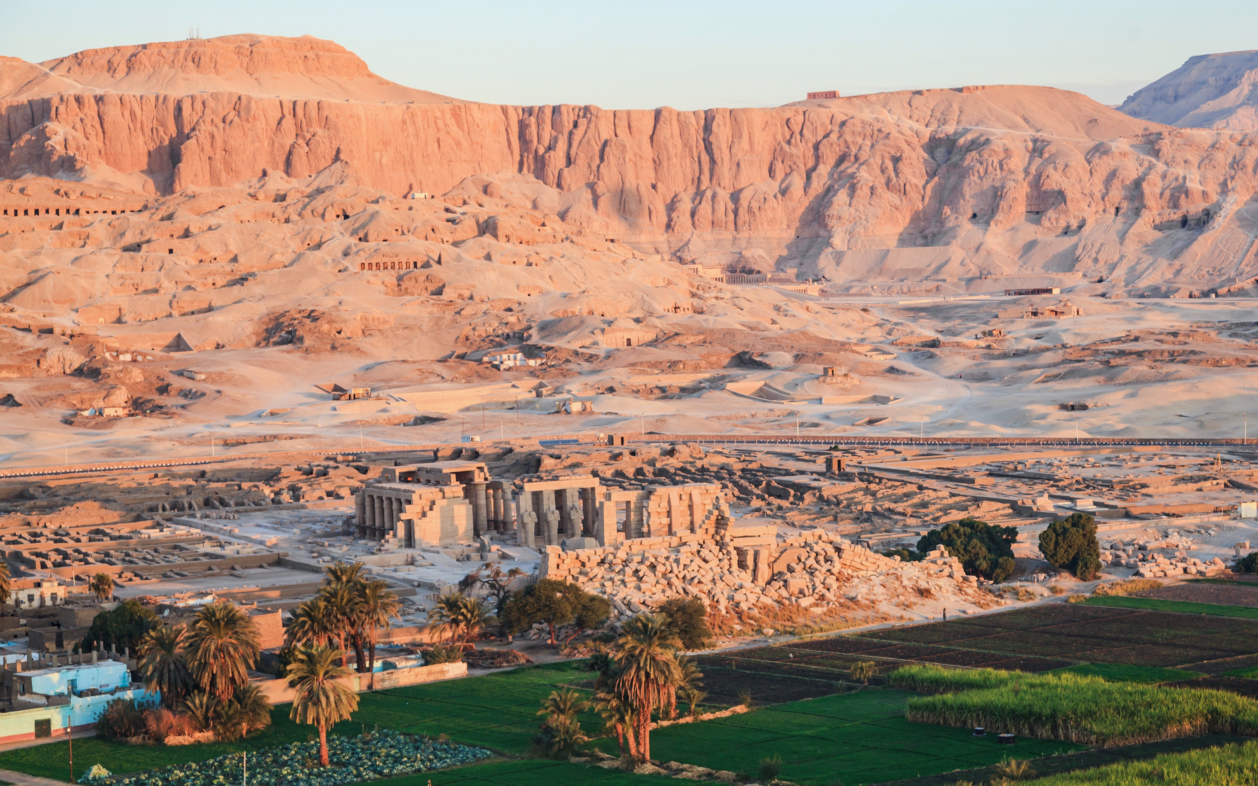 Aerial view of ancient ruins and desert landscape in Valley of the Kings, Luxor, Egypt.