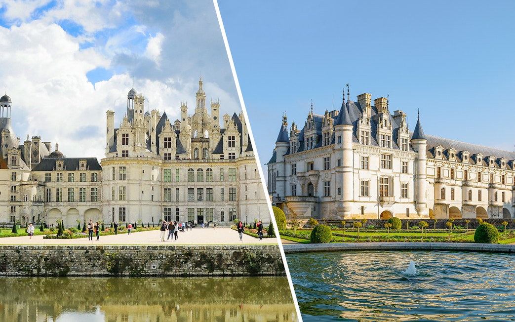 Chambord and Chenonceau Castles with gardens and reflective water in France.