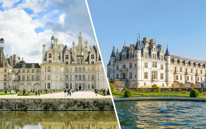 Chambord and Chenonceau Castles with gardens and reflective water in France.