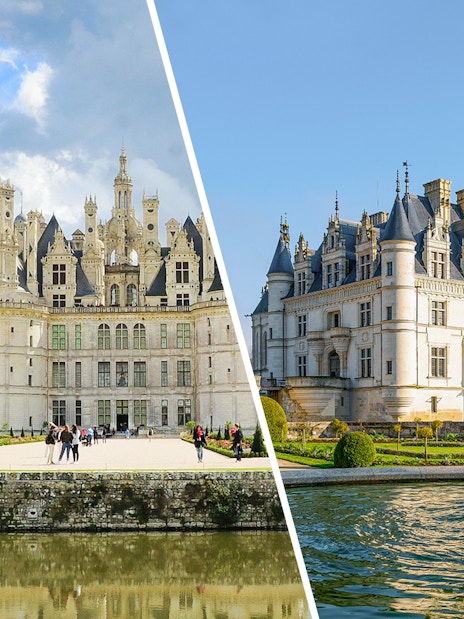Chambord and Chenonceau Castles with gardens and reflective water in France.