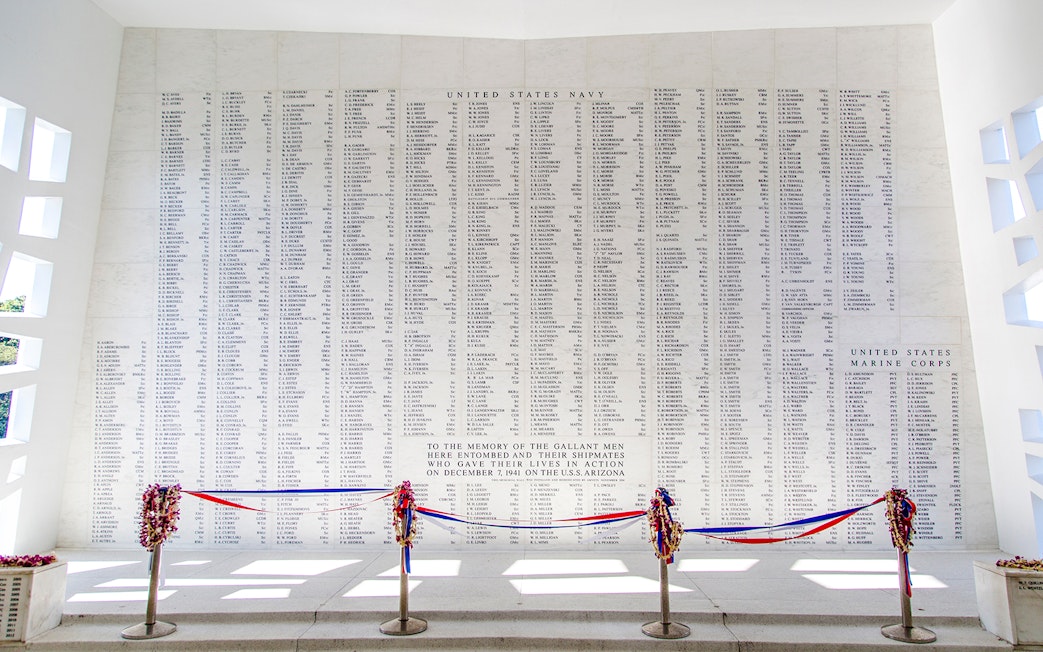 USS Arizona Memorial Wall listing names of fallen soldiers, Pearl Harbor, Hawaii.