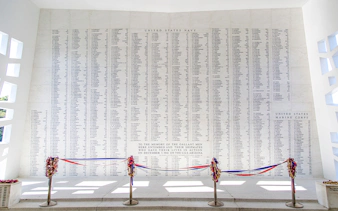 USS Arizona Memorial Wall listing names of fallen soldiers, Pearl Harbor, Hawaii.