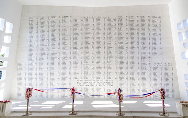 USS Arizona Memorial Wall listing names of fallen soldiers, Pearl Harbor, Hawaii.