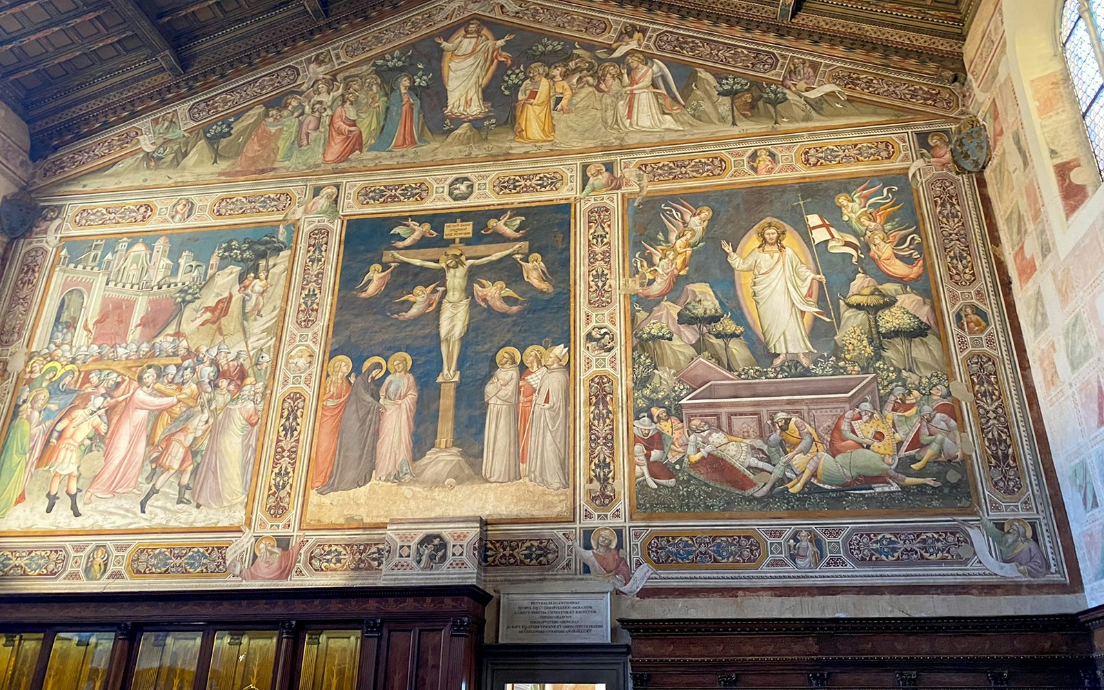 Santa Croce frescoes depicting biblical scenes, Florence guided tour.