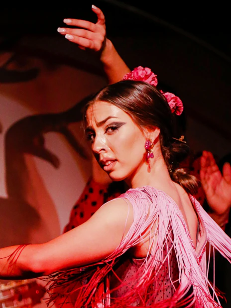 Flamenco dancer performing at El Duende by Tablao Cordobes show in vibrant attire.
