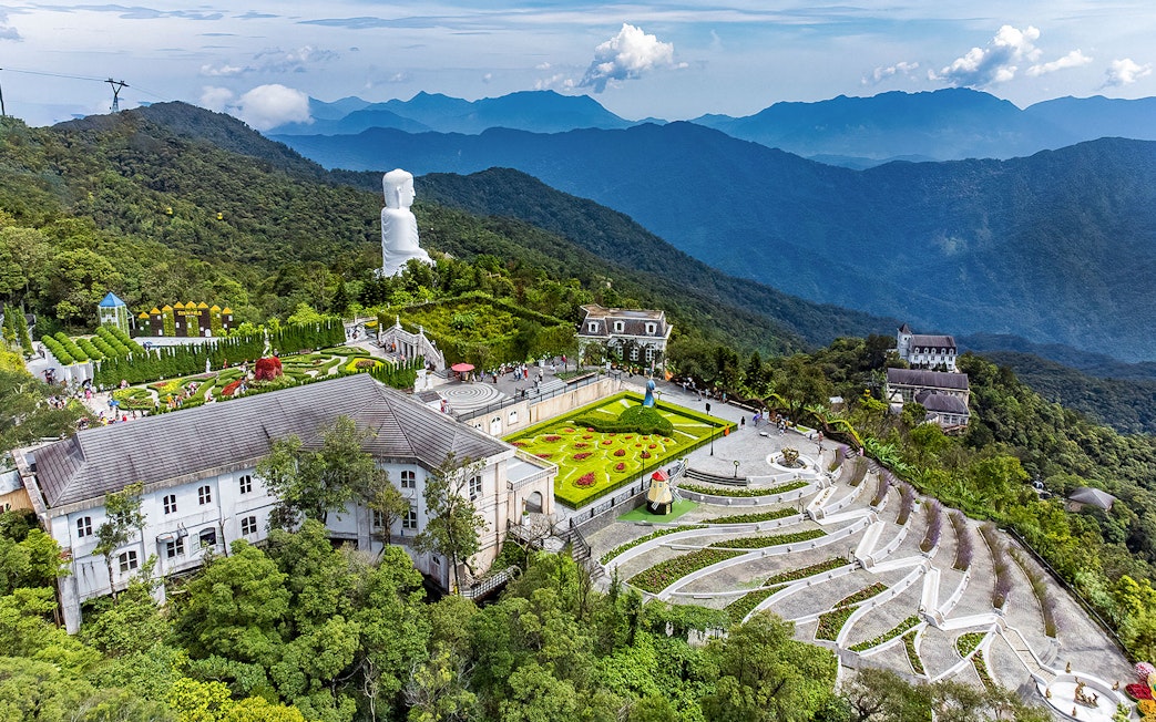 Aerial view of Ba Na Hills with gardens and mountains in Da Nang, Vietnam.