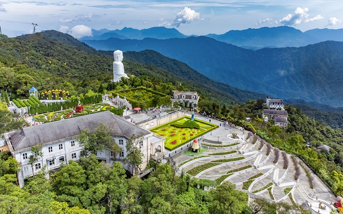 Aerial view of Ba Na Hills with gardens and mountains in Da Nang, Vietnam.