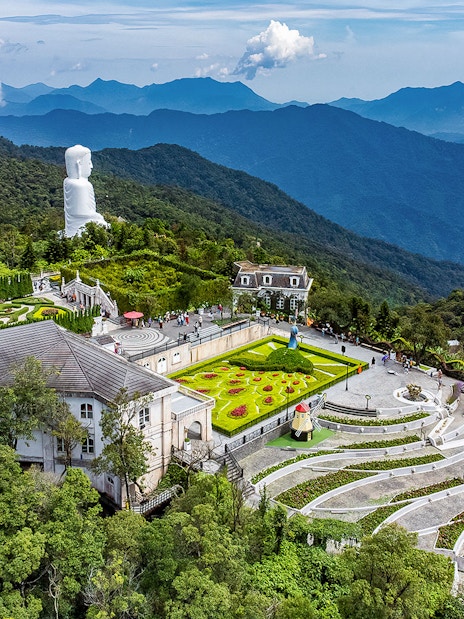 Aerial view of Ba Na Hills with gardens and mountains in Da Nang, Vietnam.
