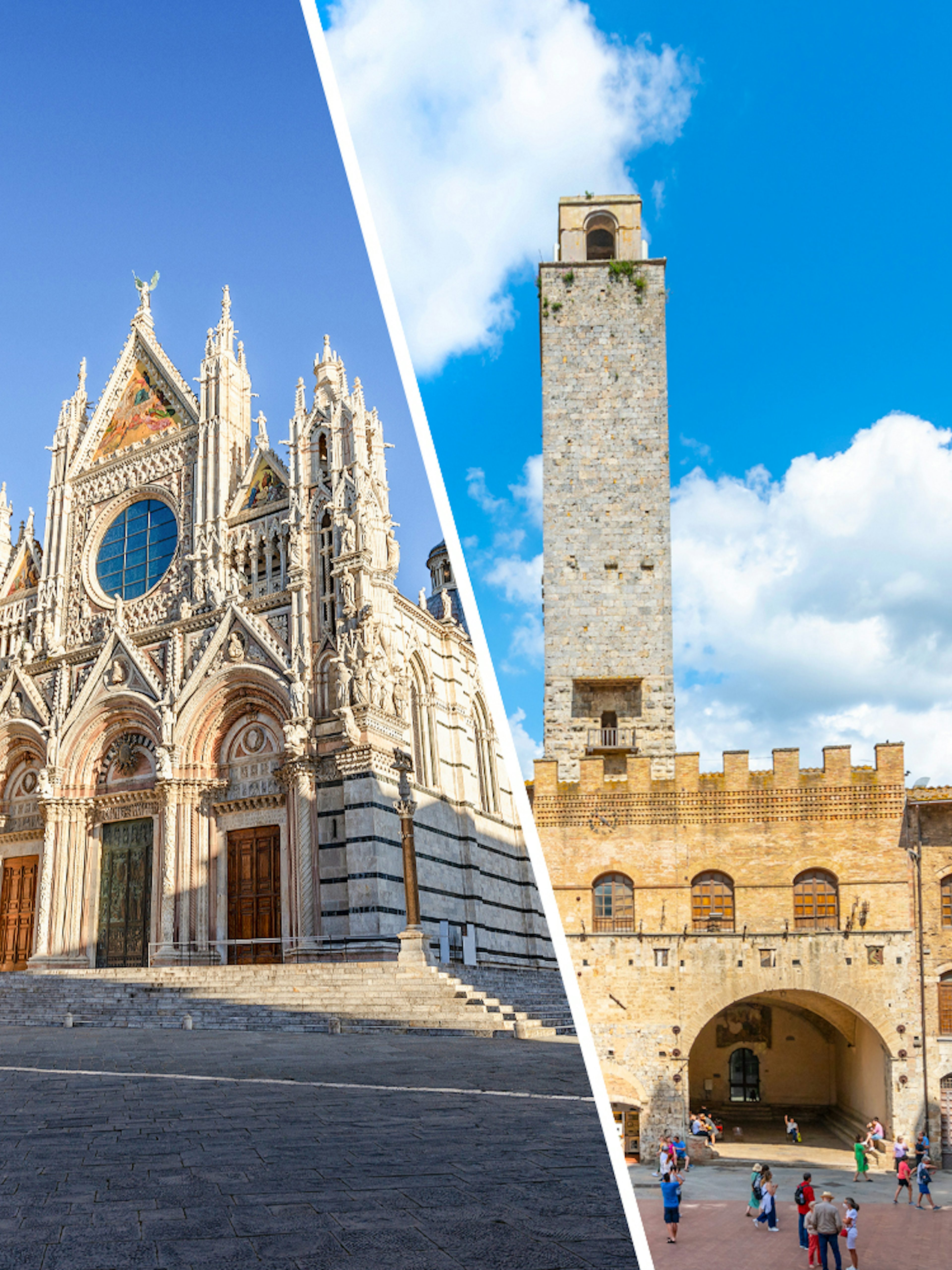Siena Cathedral facade and San Gimignano tower under blue sky.