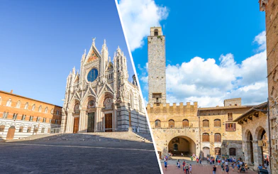 Siena Cathedral facade and San Gimignano tower under blue sky.