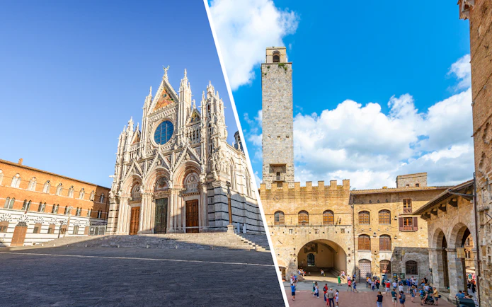 Siena Cathedral facade and San Gimignano tower under blue sky.