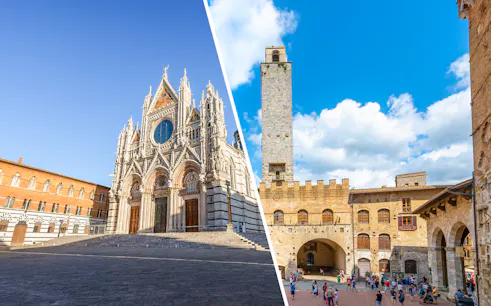 Siena Cathedral facade and San Gimignano tower under blue sky.