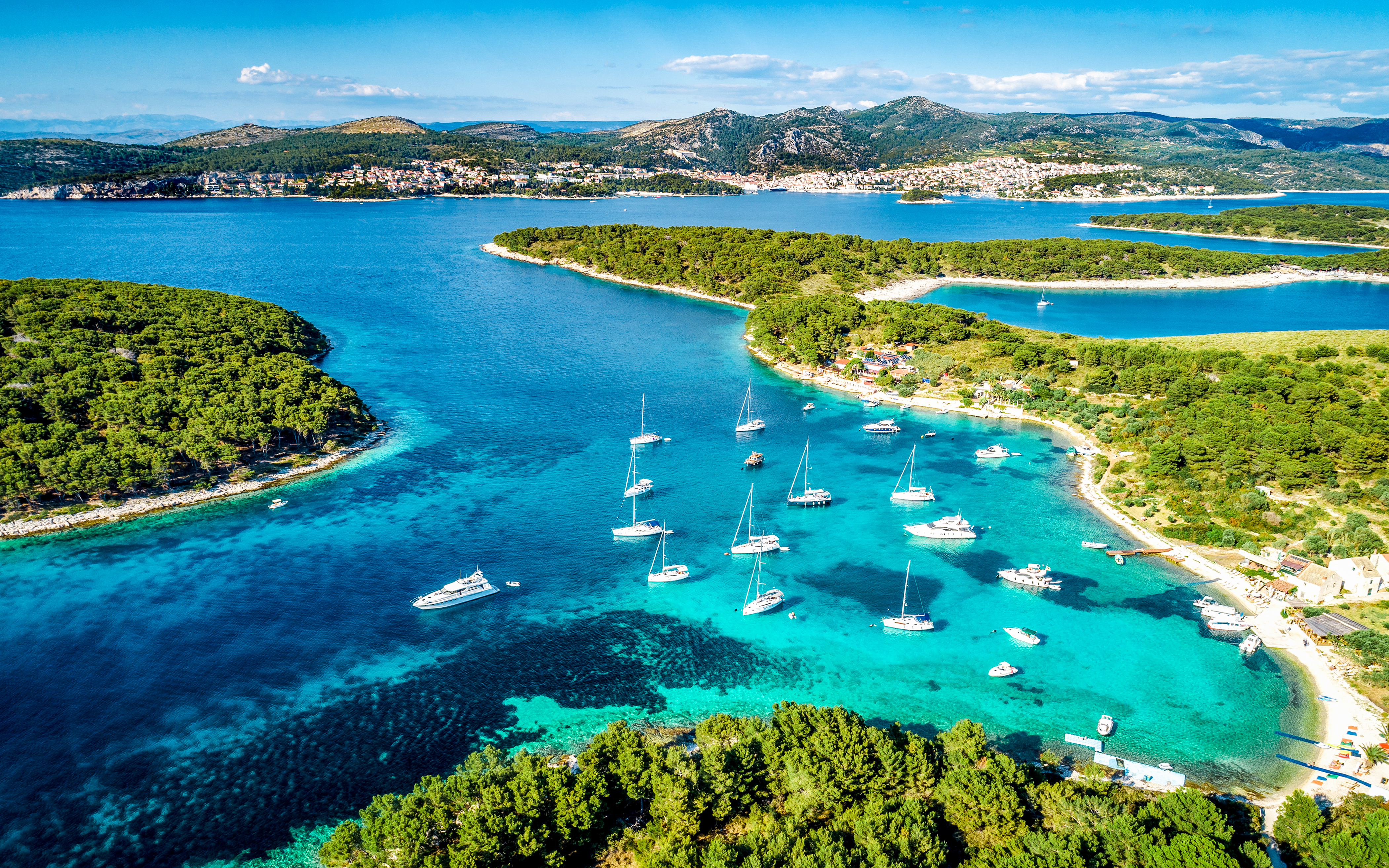 Aerial view of yachts near Paklinski Islands, Hvar, Croatia.