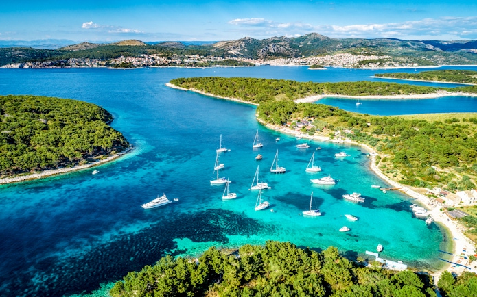 Aerial view of yachts near Paklinski Islands, Hvar, Croatia.