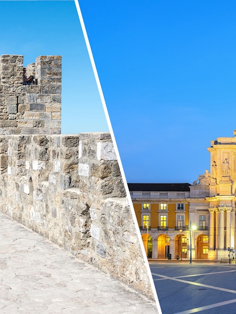 St. George’s Castle stone walls and Rua Augusta Arch in Lisbon, Portugal.