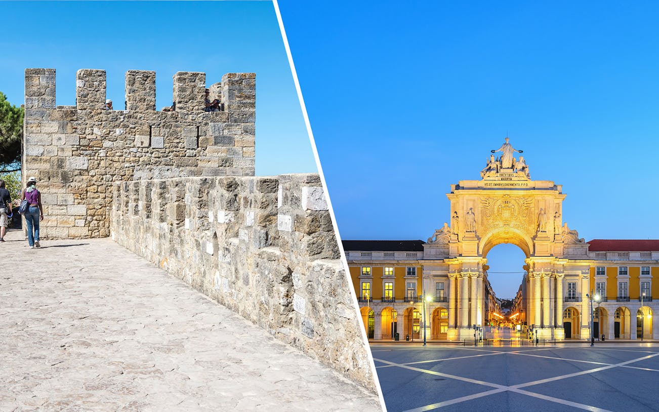 St. George’s Castle stone walls and Rua Augusta Arch in Lisbon, Portugal.