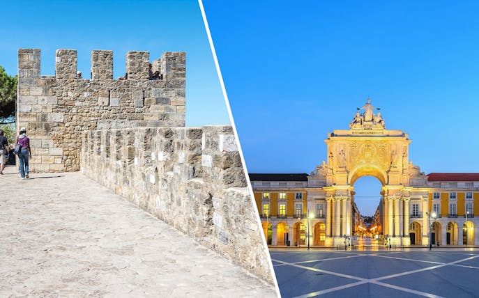 St. George’s Castle stone walls and Rua Augusta Arch in Lisbon, Portugal.