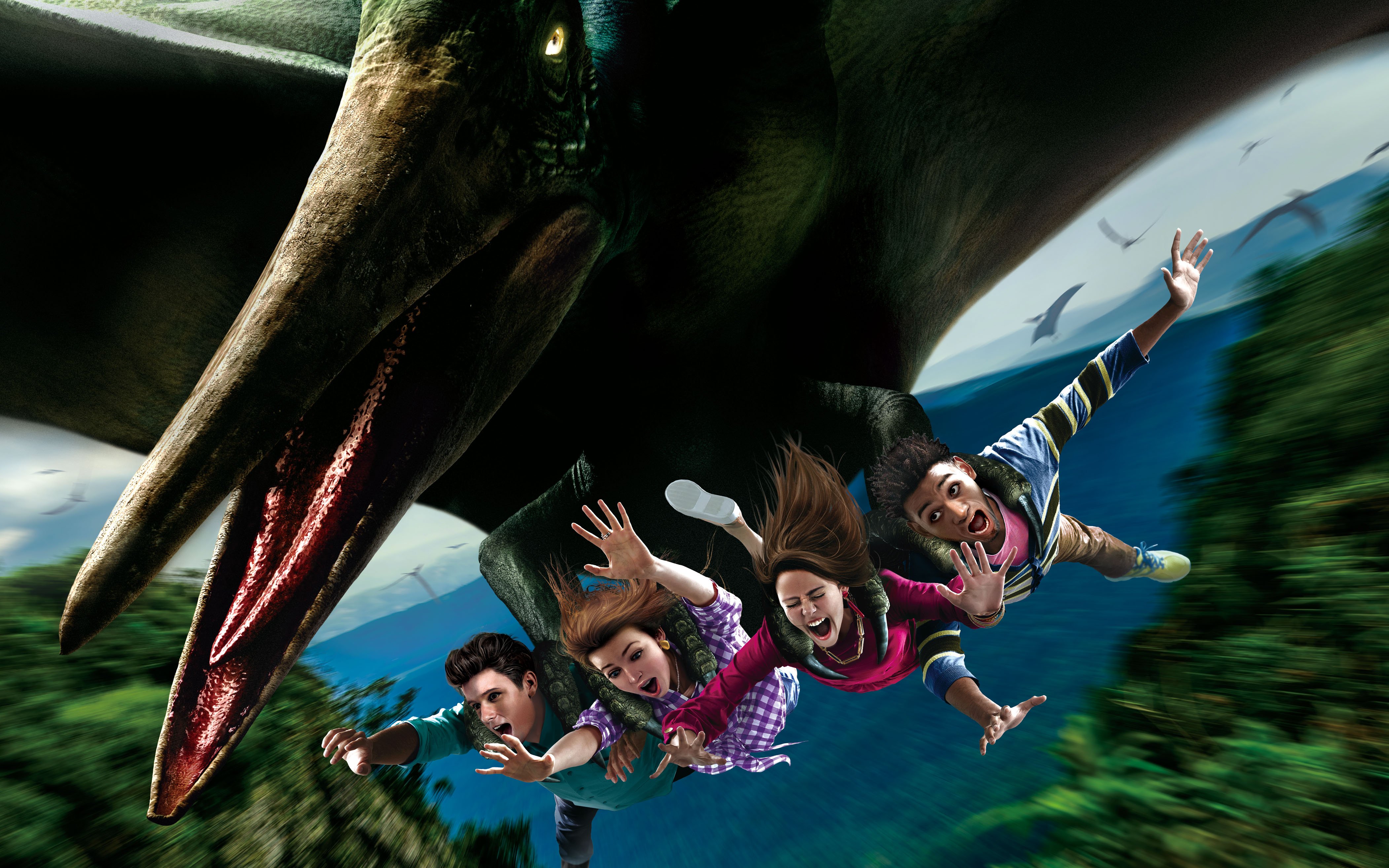 Visitors on a flying dinosaur ride at Universal Studios Japan.
