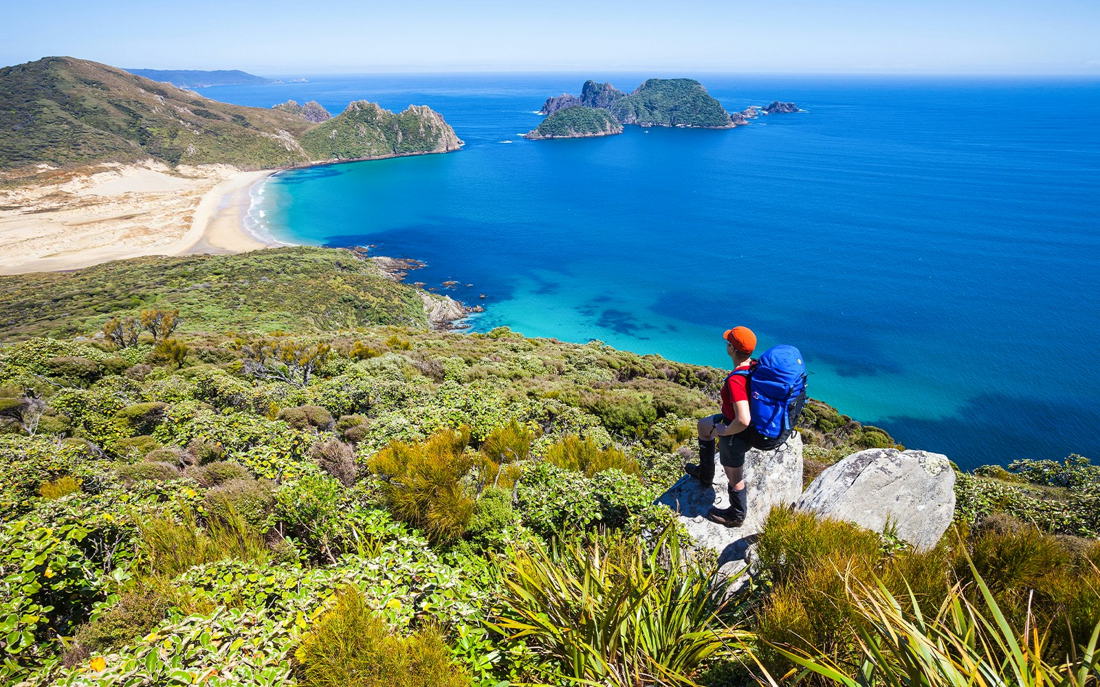 Hiker overlooking coastline and islands on Stewart Island, New Zealand.