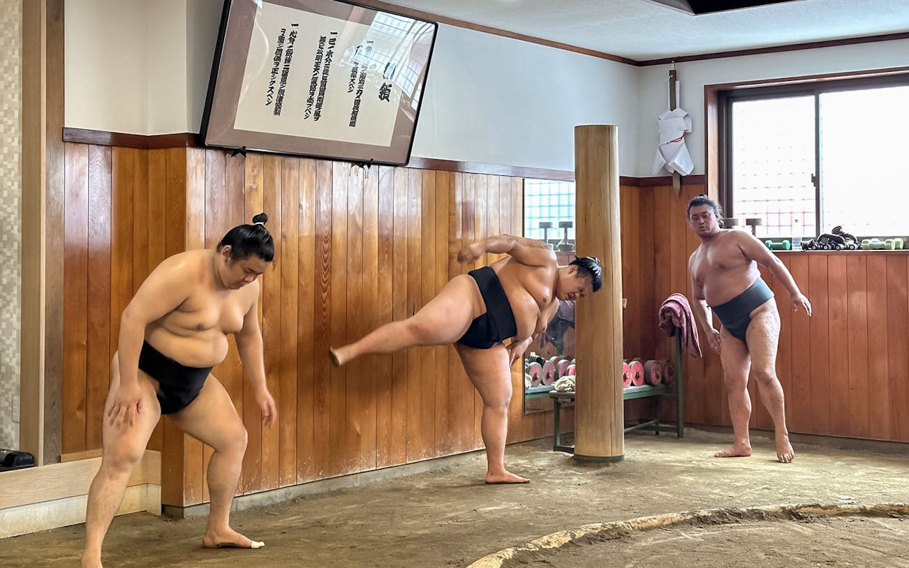 Sumo wrestlers practicing morning exercises in a traditional Japanese sumo stable.
