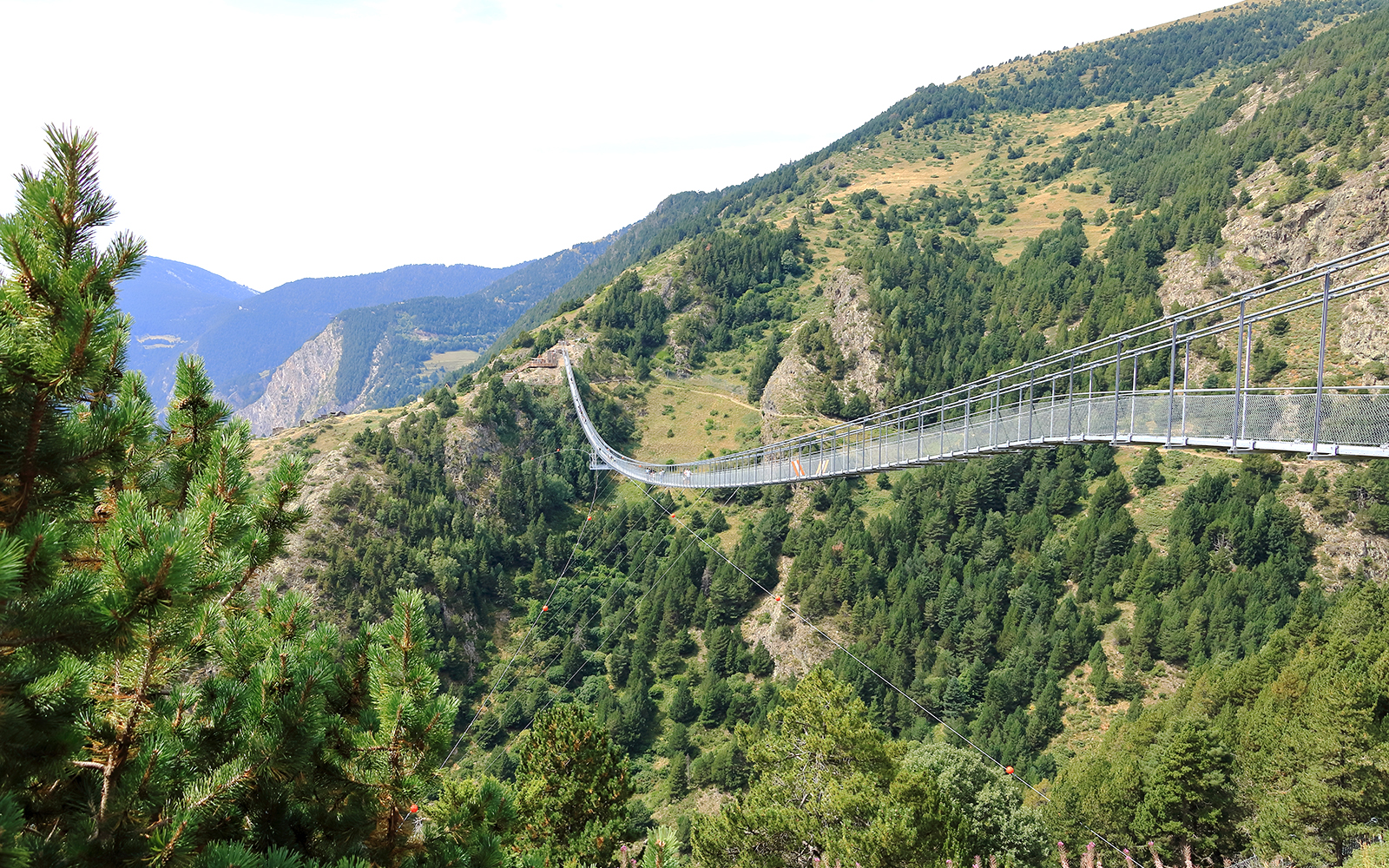 Tibetan Bridge in Andorra spanning a lush green valley with mountain views.