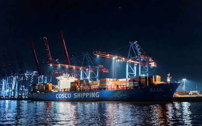 Large ship docked at night with illuminated cranes, part of the 1.5h Grand Evening Lights Cruise.