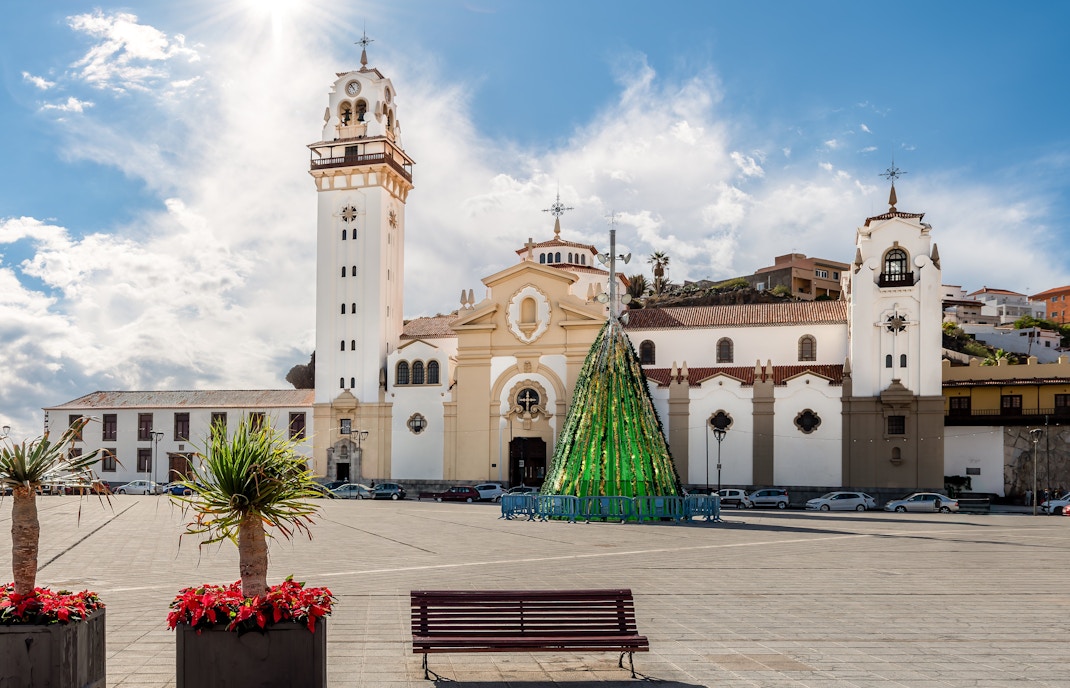 Basilica of Candelaria with Christmas tree, Tenerife, Canary Islands, Spain.