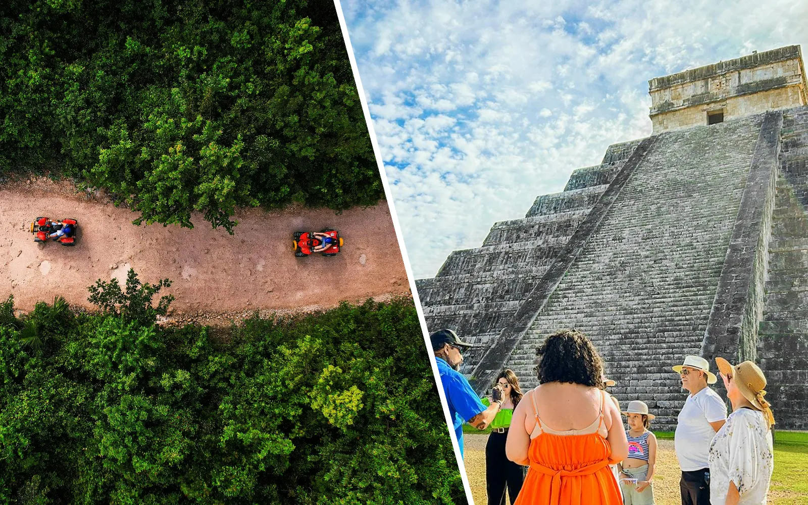 ATV tour through jungle path and guided group at Chichen Itza pyramid, Valladolid visit.