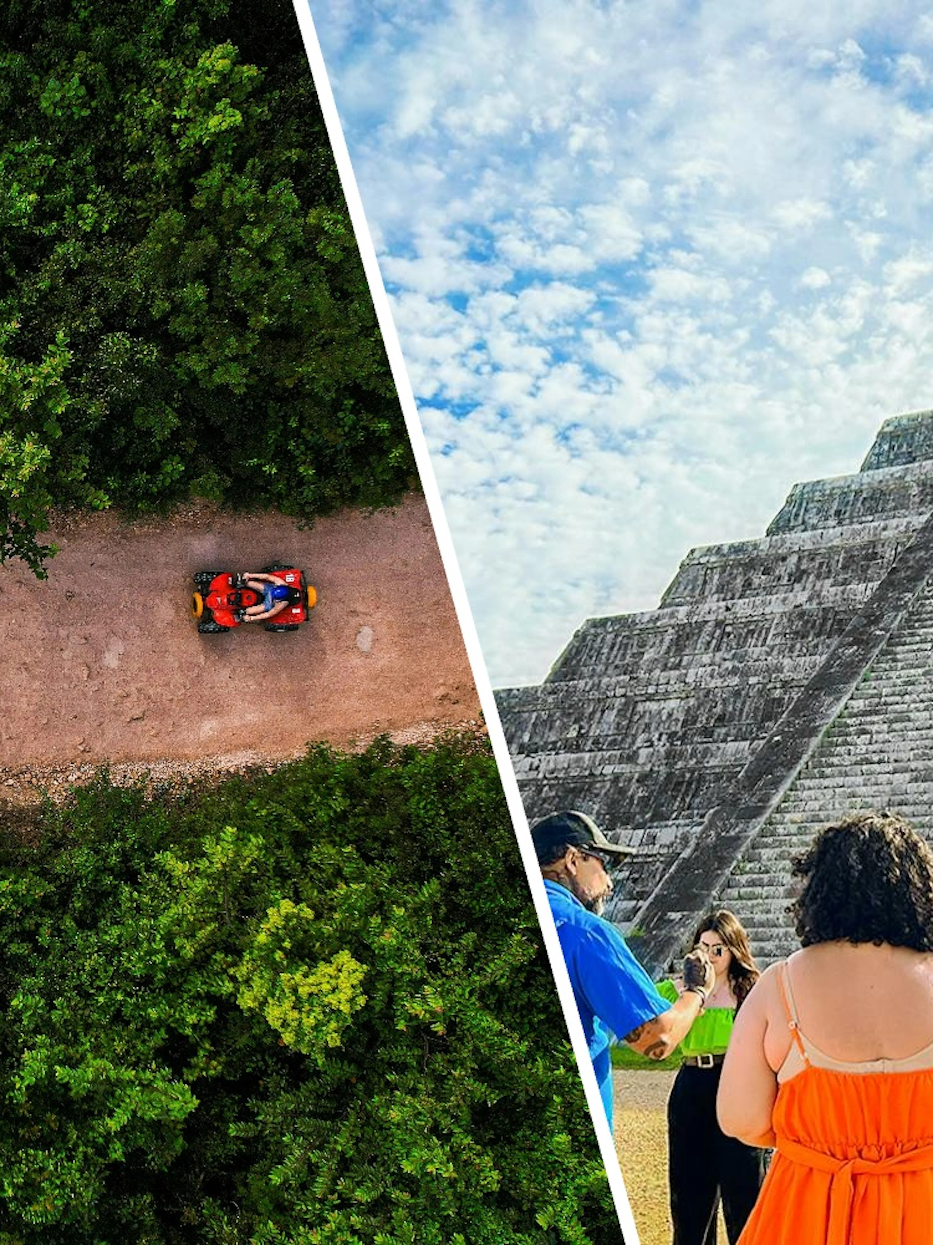 ATV tour through jungle path and guided group at Chichen Itza pyramid, Valladolid visit.